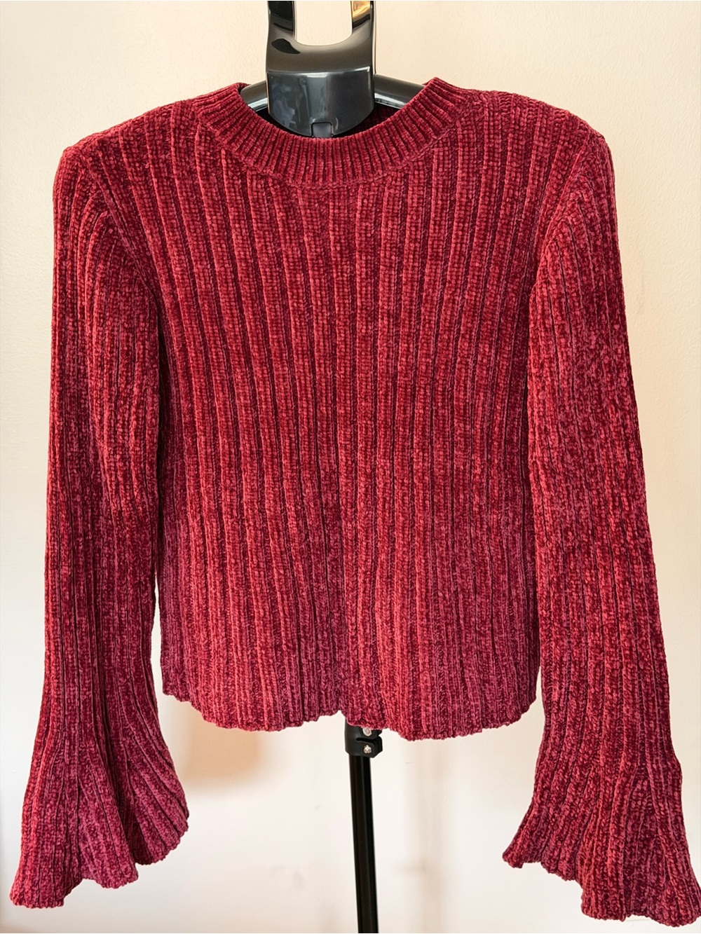 Venus Chenille Ribbed Crewneck Sweater With Bell Sleeves - Red